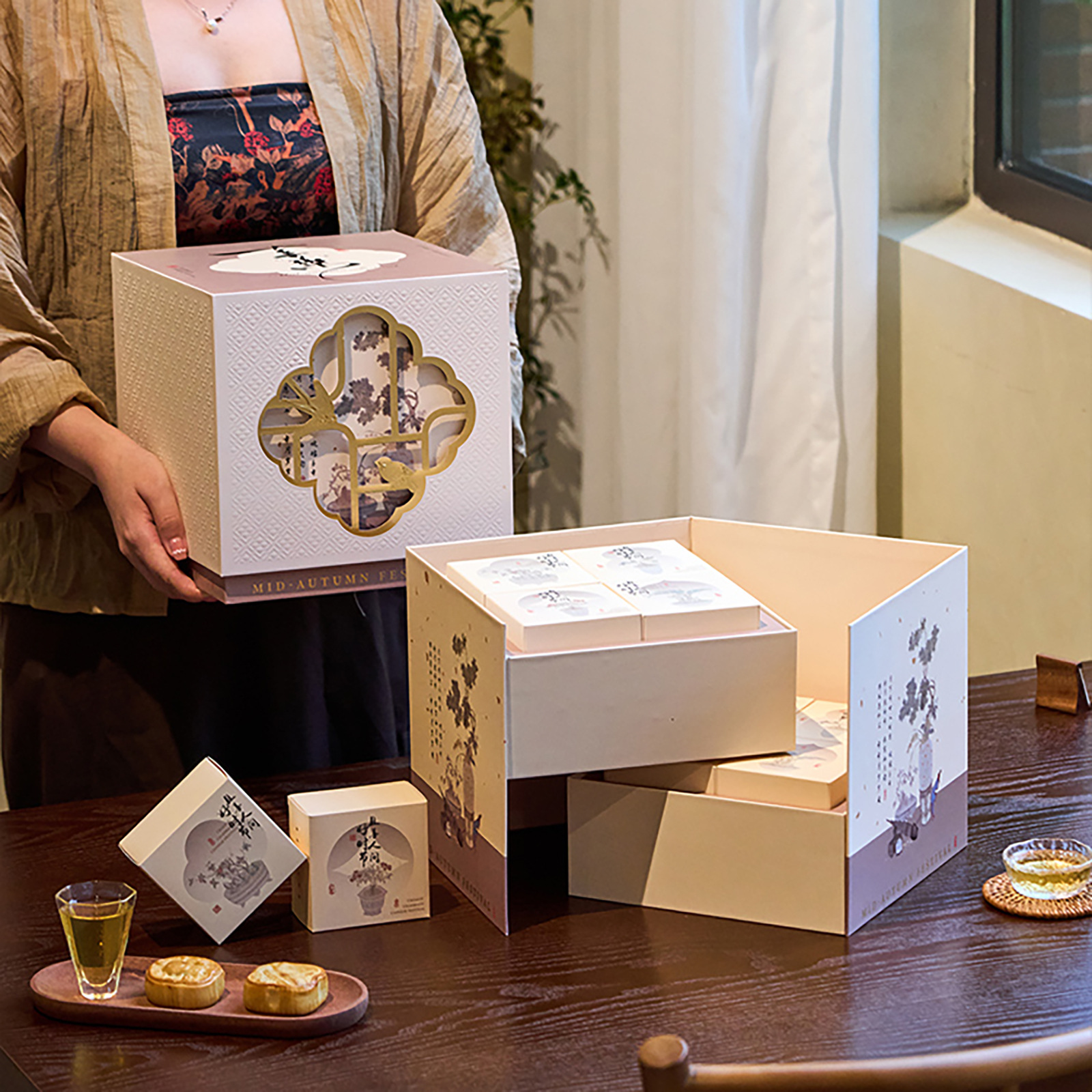 Mid-Autumn Festival Happy Hollow Double-Layer Square Rotating Mooncake Packaging Box Ice Skin Mooncake Egg Yolk Crisp Packaging Box
