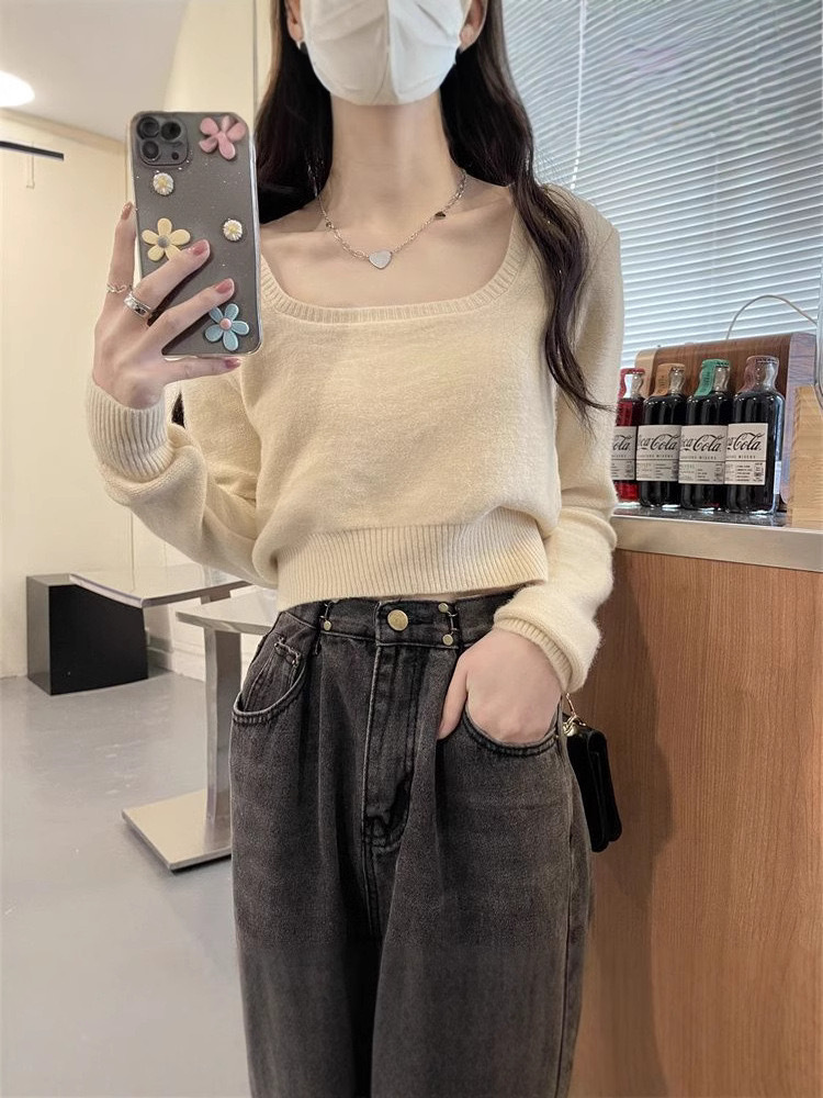 French Short Square Collar Sweet Elegant Inner Knitwear Women's Autumn Base Shirt Shoulder Sweater Slimming Top