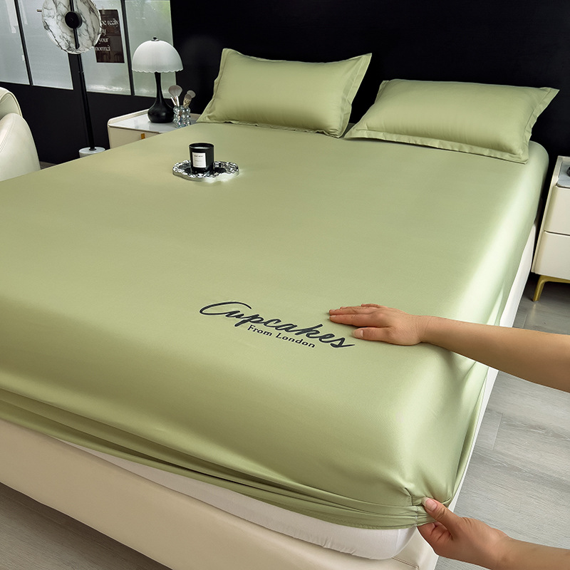 Picture of Summer New Ice Silk Fitted Sheet Three-Piece Set with Letter Embroidery Mattress Protector Single Dormitory Bed Sheet Bed Cover