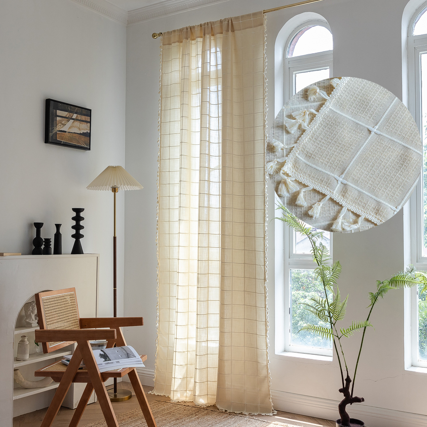 Cross-border Curtain Japanese Log Style Lattice Tassel Bedroom Living Room Semi-shading Bay Window Thickened Curtain Finished Product Factory