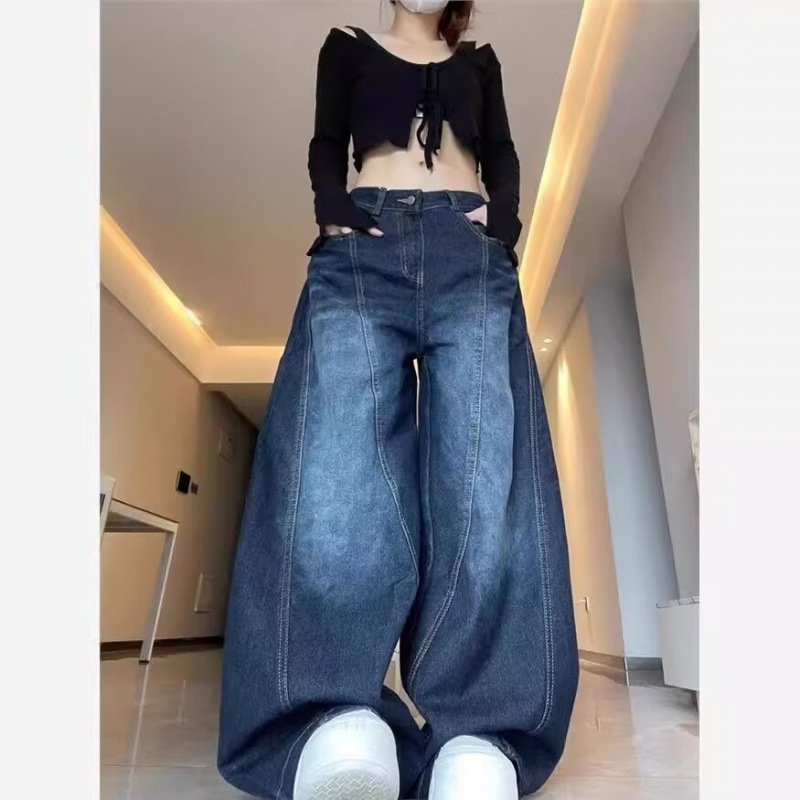 Designed Washed Dark Blue Jeans for Men and Women in Autumn and Winter New American Retro Loose Straight Wide Leg Pants Trendy