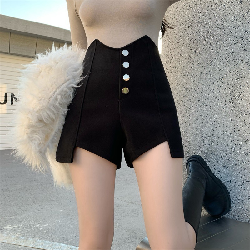 2025 New Summer Outerwear High-Waisted Black Wide-Leg Pants Irregular A-Line Casual Shorts Slimming Versatile Women