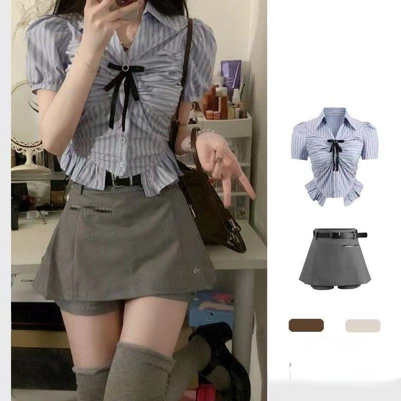 College Style Bow Summer Spice Girls Pure Want Slim Short Shirt Two-piece High Waist Skirt Fashion suit