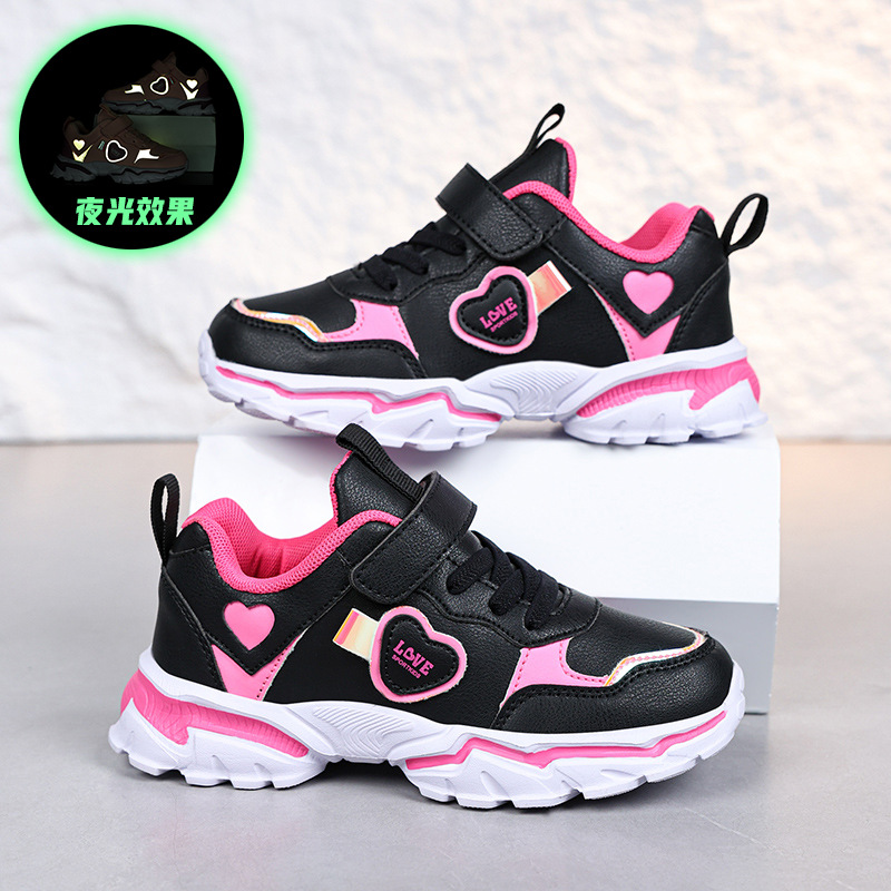 Girls' Sports Shoes 2025 Summer New Leather Waterproof Children's Shoes Lightweight Student Sports Shoes Luminous Children's Shoes