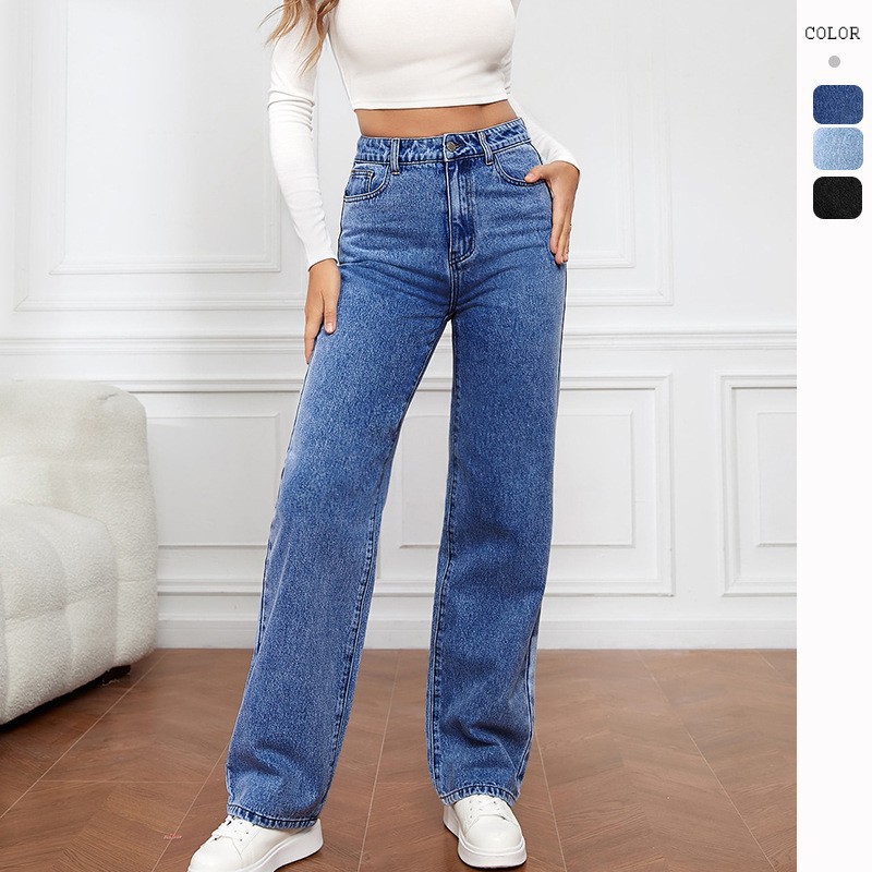 New European and American Cross-Border Amazon Popular Washed Denim Fashion Straight Trousers Jeans Women's Pants Wholesale