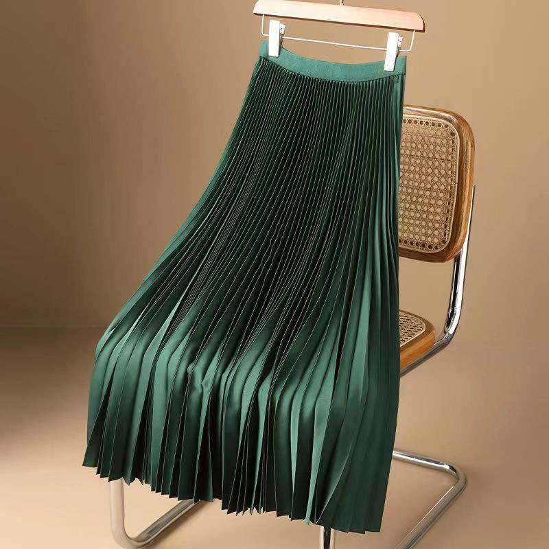 Cross-border Satin Solid Color Pleated Skirt 2025 Summer Thin Mid-length Over-the-knee High Waist A- line Skirt Skirt