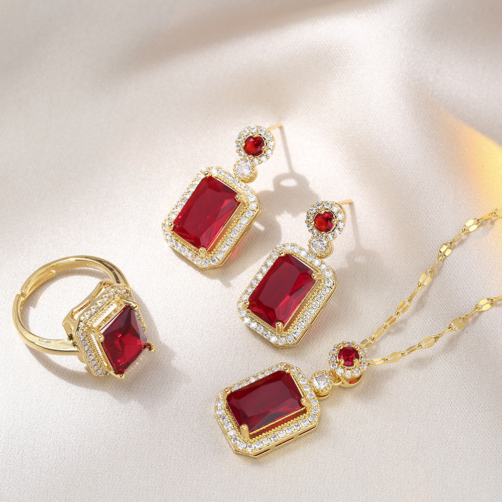 Picture of Emerald Pendant Necklace Women's All-match High-end Jewelry suit Women's Three-piece Set Earrings Ring Jewelry