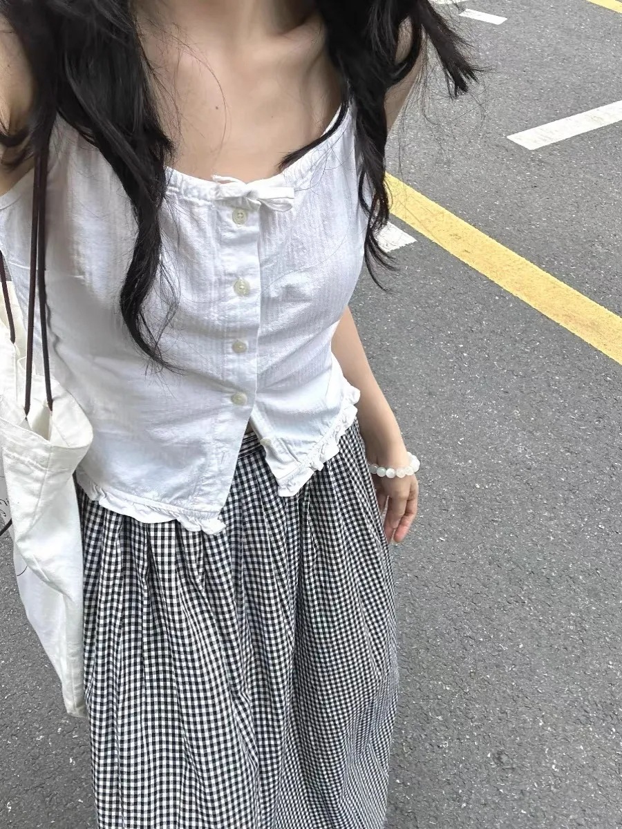 Summer Commuter American Style Retro Fresh White Lace Sling Women's BM Single-breasted Inner Sweet Vest Top
