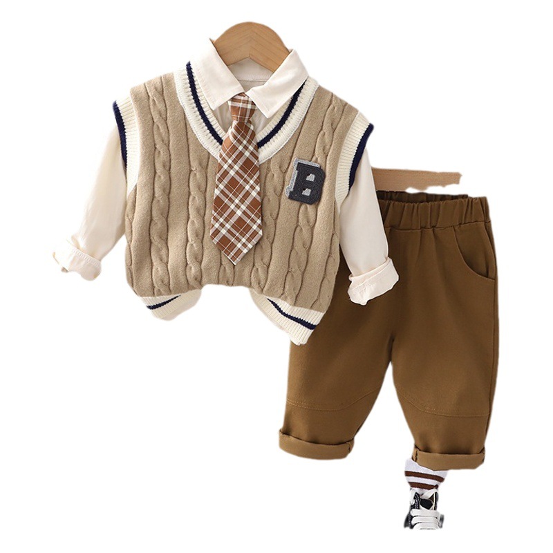 Boys spring and autumn suit handsome fashionable children autumn twist sweater three-piece 2023 clothes children's clothing wholesale