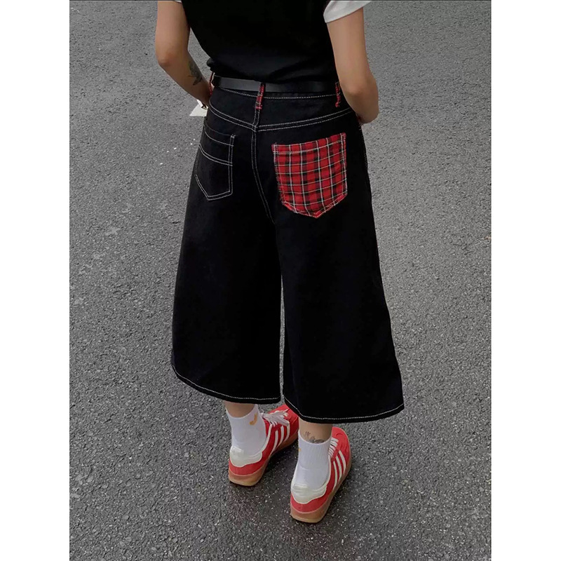 2025 American High Street Black Cropped Jeans for Women Summer Hot Girl Street Checkerboard Splicing Design Wide Leg Shorts