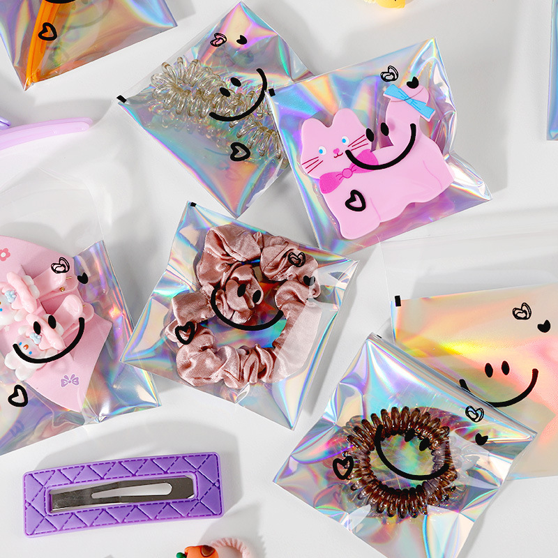 Laser smiley face jewelry packaging bag self-sealing cute small exquisite gift hair accessories earrings ring storage transparent
