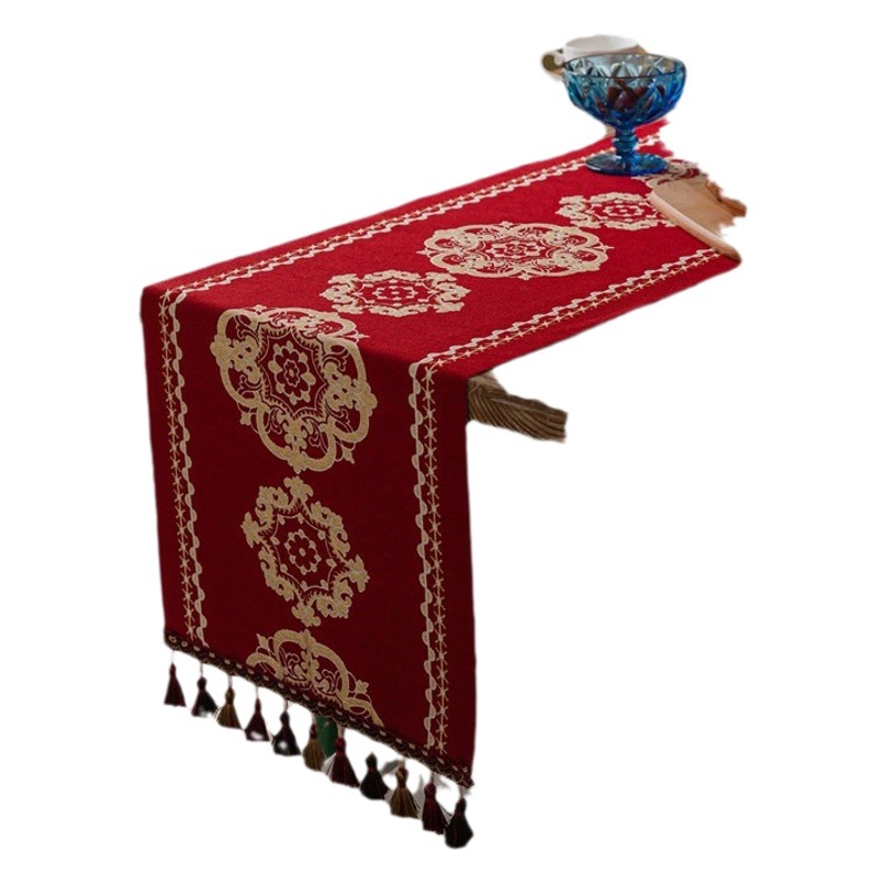Chinese festive wedding new year housewarming red gold tassel household polyester tablecloth table runner bed tail flag cover towel