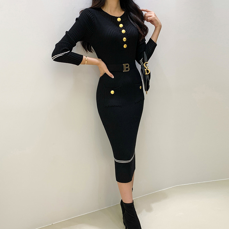 Cross-border sweater dress 2023 autumn and winter new ladies round neck long sleeve pocket lace-up contrast color knitted pencil skirt