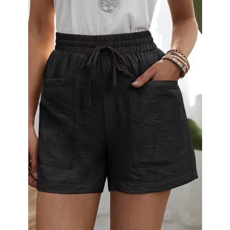 Picture of European and American Cross-Border Wish Summer Women's Popular Linen Texture Casual Shorts with Pockets, Solid Color, Plus Size, High-Waisted Wide-Leg Pants
