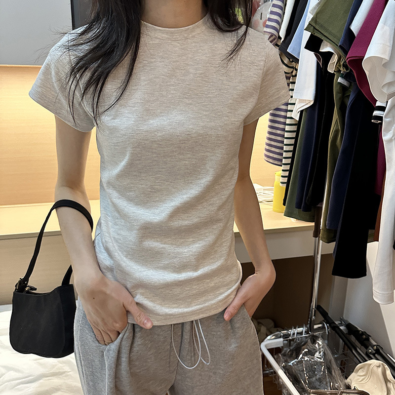 Picture of Right Shoulder Slimming Look Basic Pure Cotton Ribbed Cotton T-Shirt Women's Student Bottoming Shirt with Slim Short-Sleeved Top