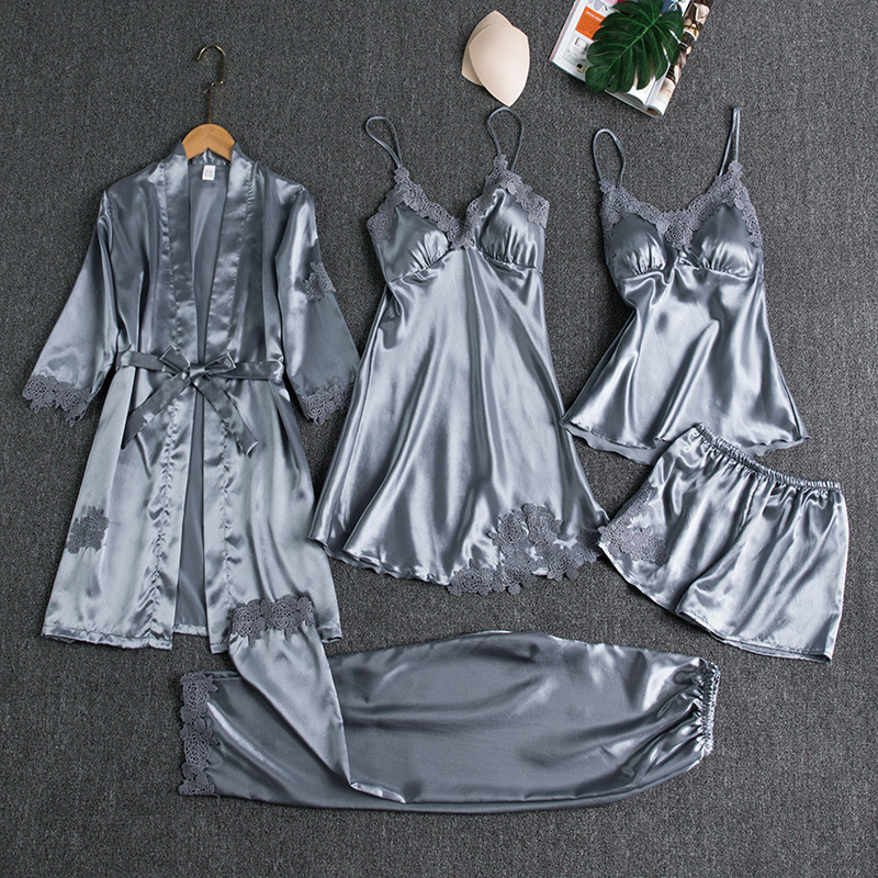 Picture of Pajamas Women's Summer Ice Silk Sexy Hot Home Clothes Spring and Autumn Long Sleeve Thin plus size Cross-border Five-piece suit Bathrobe