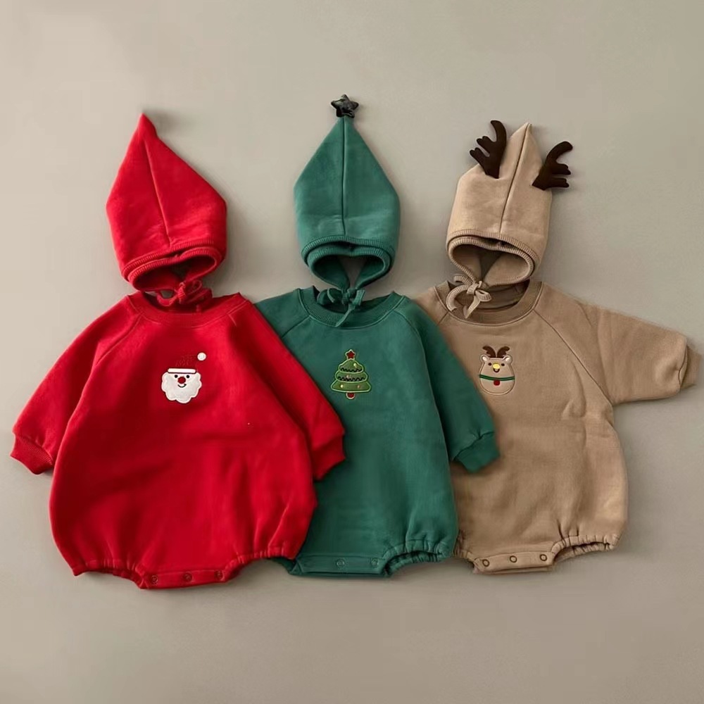 Picture of Korean-Style Baby Christmas Outfit for Autumn and Winter, Infant and Toddler One-Piece Fleece-Lined Thickened Romper for Warmth