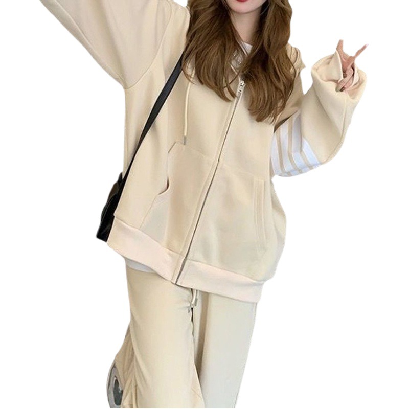 Casual Sports suit Women's Autumn Korean Style Student Loose Slimming Fashionable Hooded Sweat Two-Piece Trendy Running Clothes