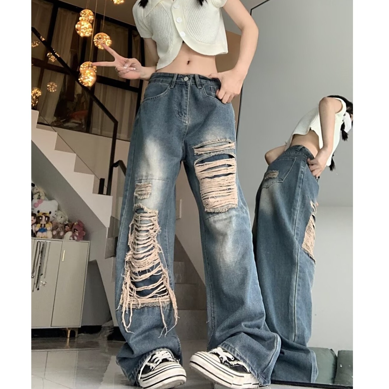 Retro High Street Design Sense Ripped Jeans Women's Autumn High Waist Loose Casual Vibe Street Mopping Long Pants