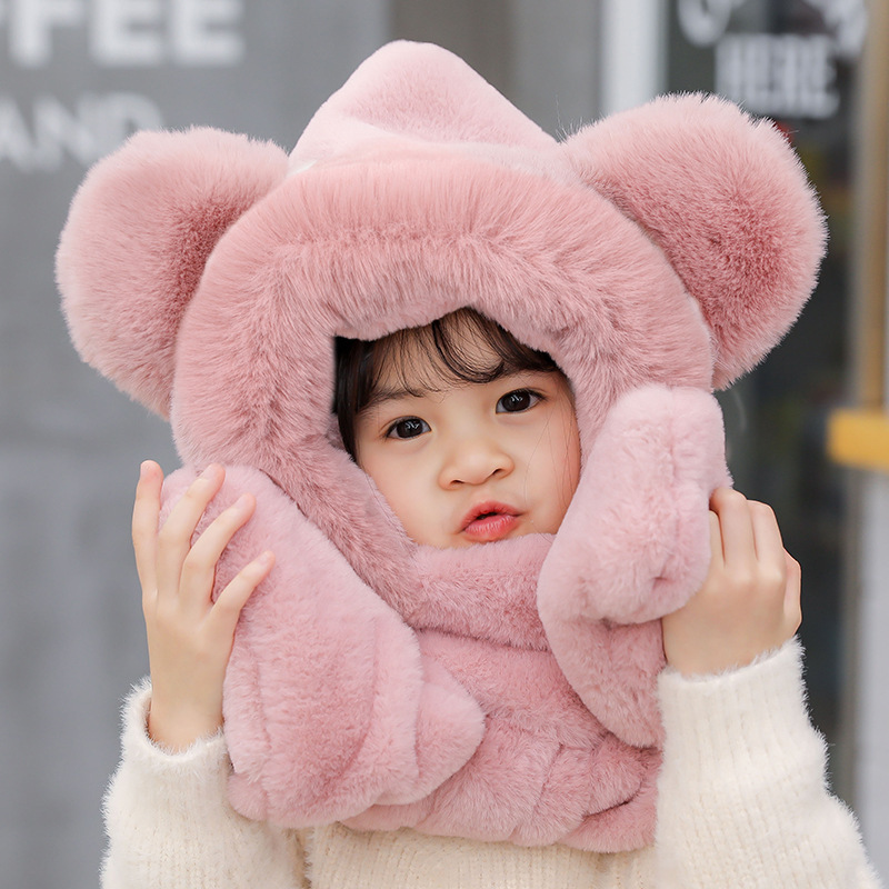 Picture of Children's hat winter boys and girls fleece-lined bear cute ear cap scarf gloves one-piece thick warm three-piece set