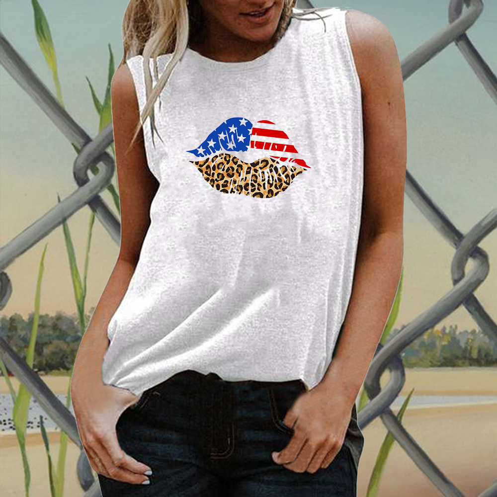 202 Independence Day Spring Cross-border New Creative Flag Lip Print Pattern Women Sleeveless T-shirt