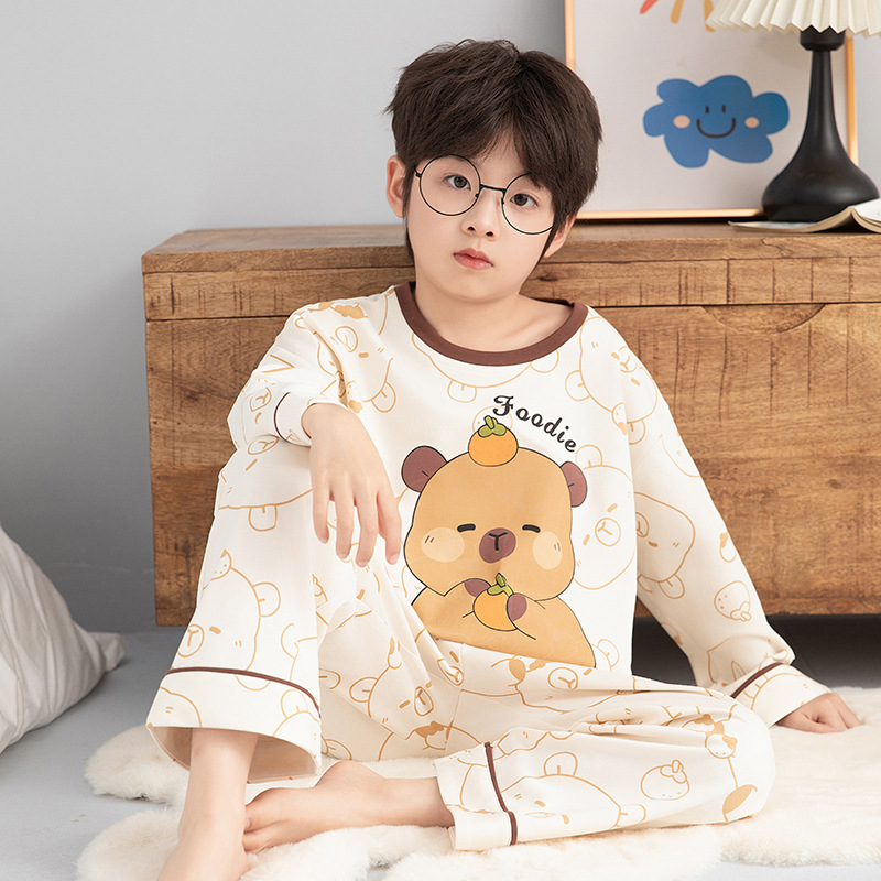 Children's Pajamas Spring and Autumn New Boys Cotton Long Sleeve Round Neck Cartoon Capibala Home Clothes for Teenagers and Boys