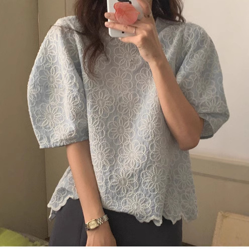 Picture of Korean style chic puff sleeve top for women new design sense niche chic heavy embroidery flower loose shirt
