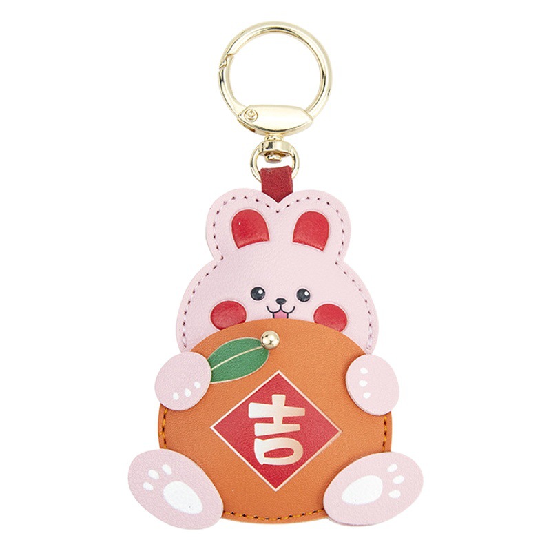 Good Luck, Everything Goes Well Keychain Creative Mid-Autumn Festival Auspicious Cute Rabbit Key Pendant Access Card Leather Case Gift