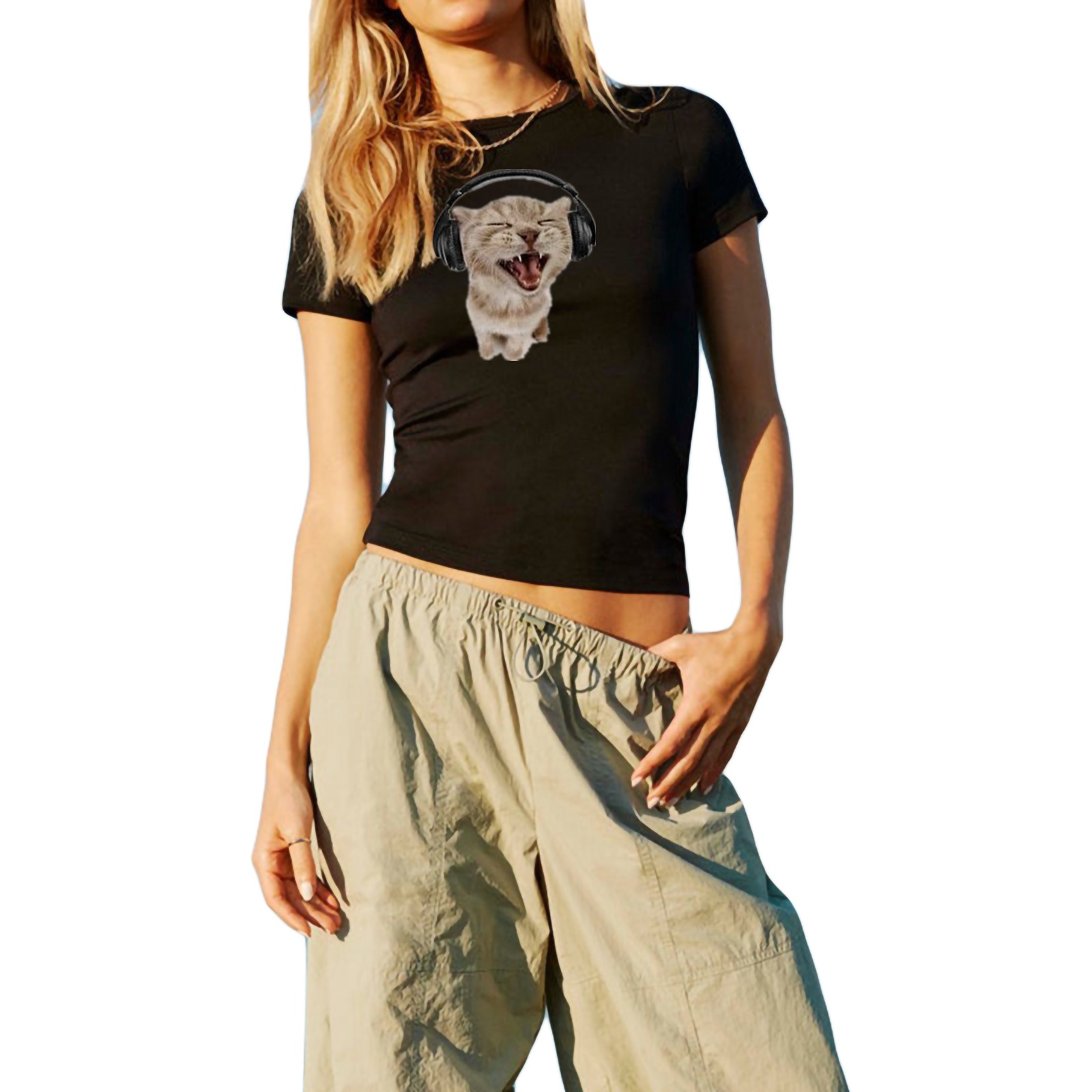 Picture of 2025 Summer European and American Style Cross-Border New Product Ladies Sexy Cat Print Short-Sleeved Slim Fit Int Shirt