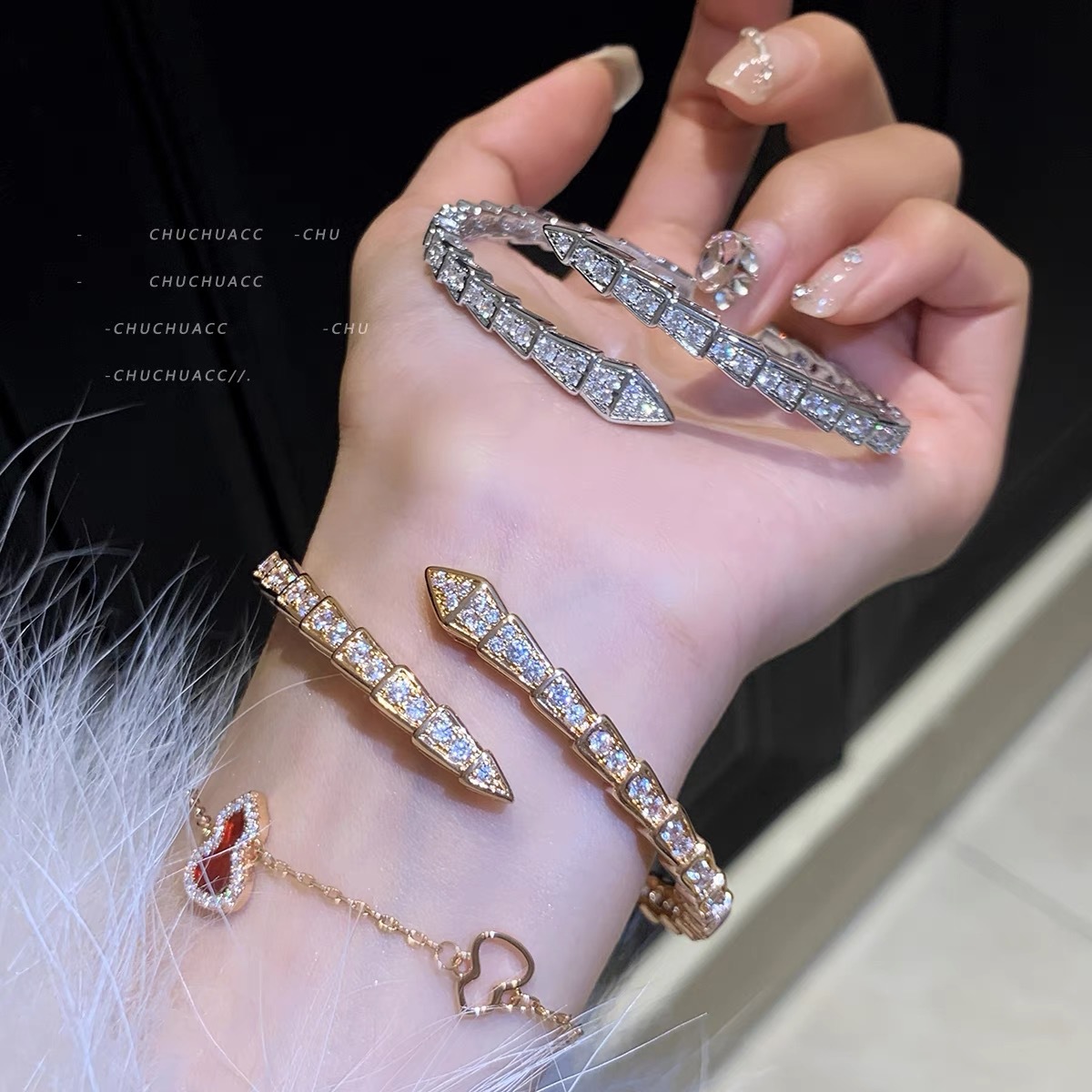 European and American Cross-Border Zircon Snake-Shaped Bracelet for Women Niche Design Plated 18K Snake Bone Open Bracelet Fashion Bracelet Wholesale