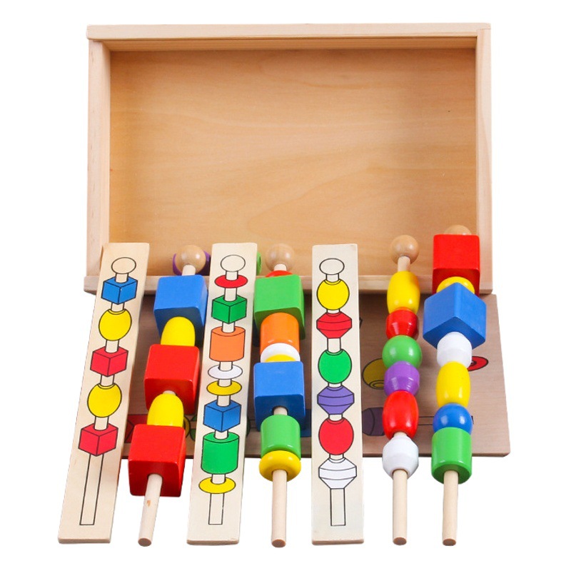 Children's Intelligence String Bead Stick Building Blocks Box Baby Fun Enlightenment Color Shape Cognition Early Education Wooden Toys