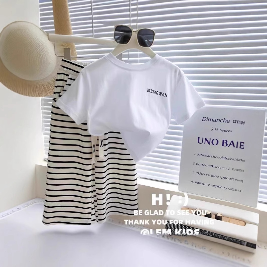 Baby Girl Fashionable Two-piece Set Summer New Girls Korean-style Letter Short-sleeved Striped Wide-leg Pants Casual Set