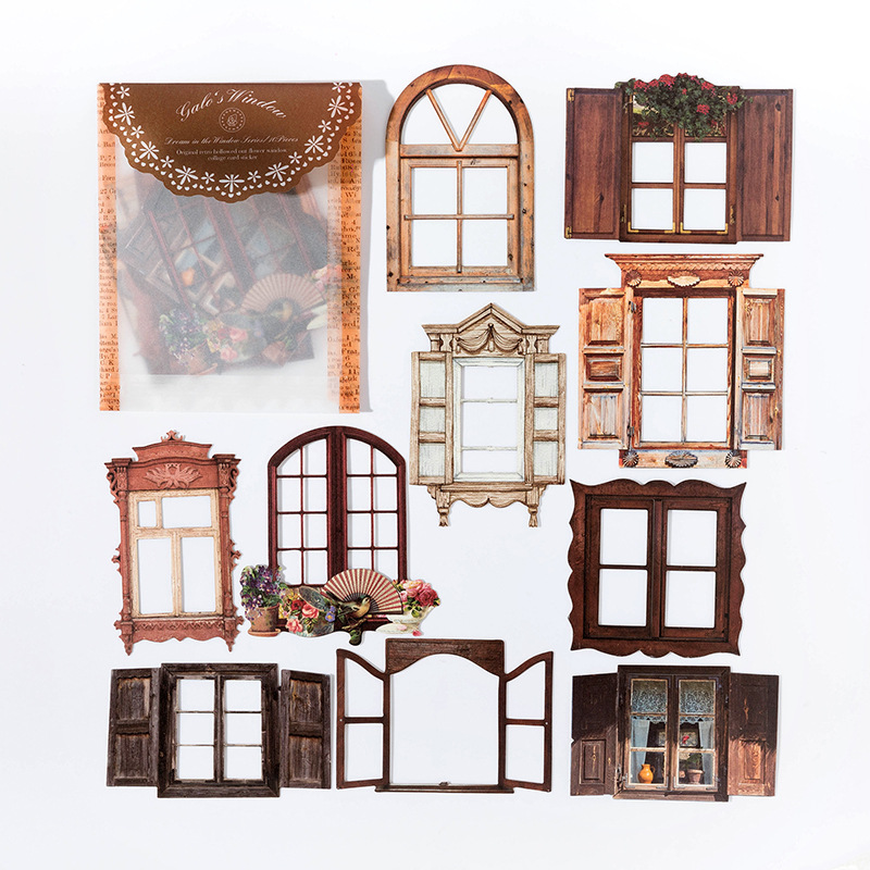 Picture of Momo Retro Cut Out Flower Window Mechanism Collage Card Stickers Dreamland in the Window Series Handbook Material Package 10 Sheets 6 Styles