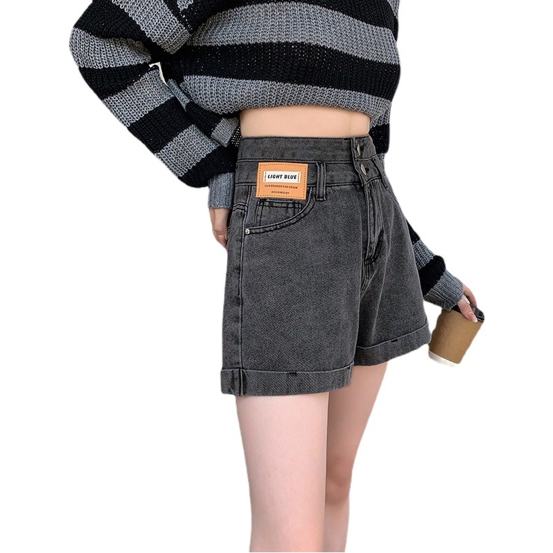 Design sense Denim Super shorts women's summer thin double buckle high waist wide leg A- line pants curling loose straight hot pants