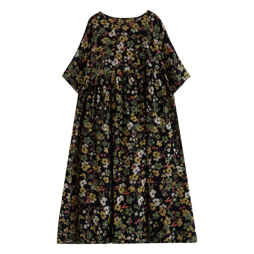 Ethnic style small floral dress women's summer 2023 New loose plus size belly-covering cotton and linen over-the-knee swing skirt