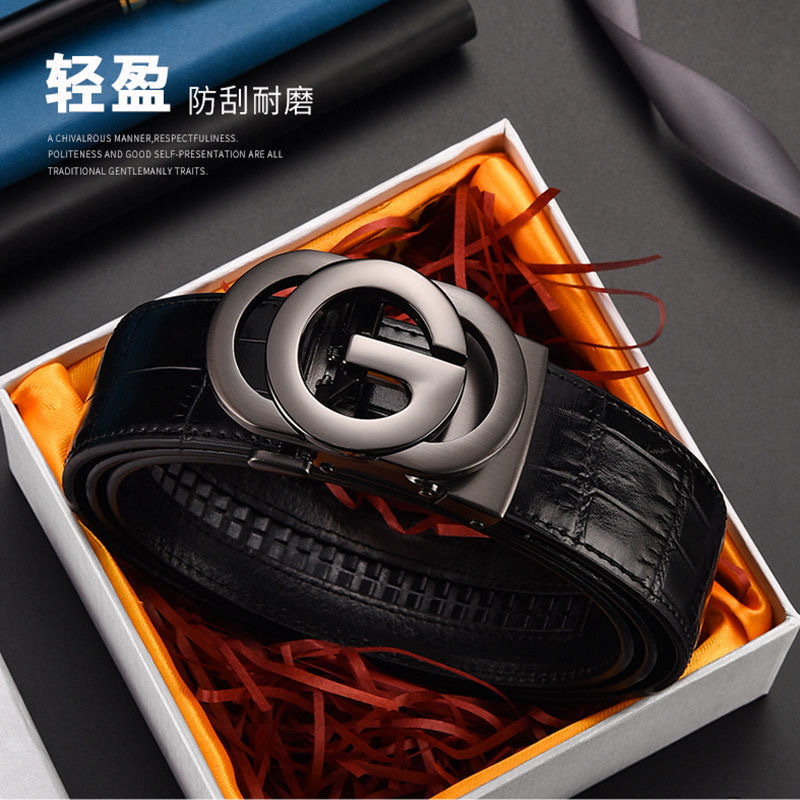 Cross-Border Foreign Trade Hot-Selling Men's Belt with Crocodile Pattern Automatic Buckle, Cowhide G-Shaped Belt, Simple Business Style