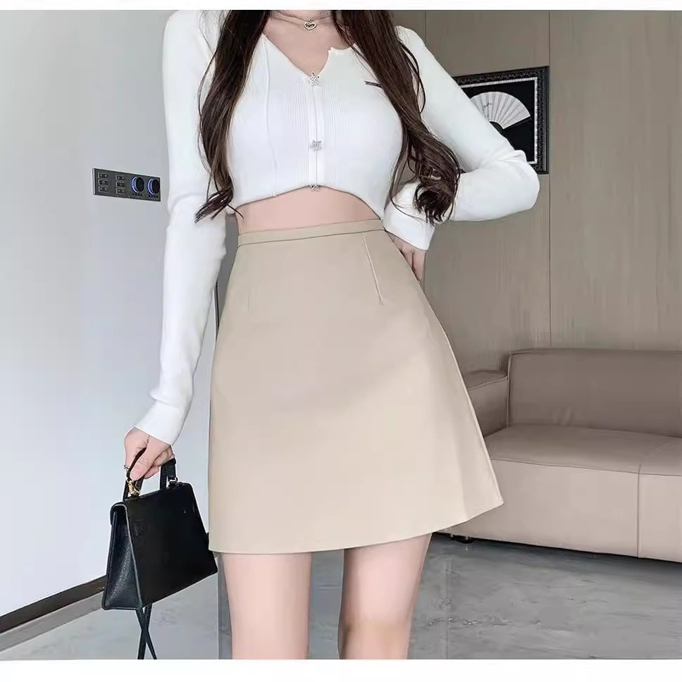 Caitiffen Leather Skirt Skirt Women's Autumn and Winter 2023 Black Small Leather Skirt High Waist A- Line Skirt Hip Skirt Fashion