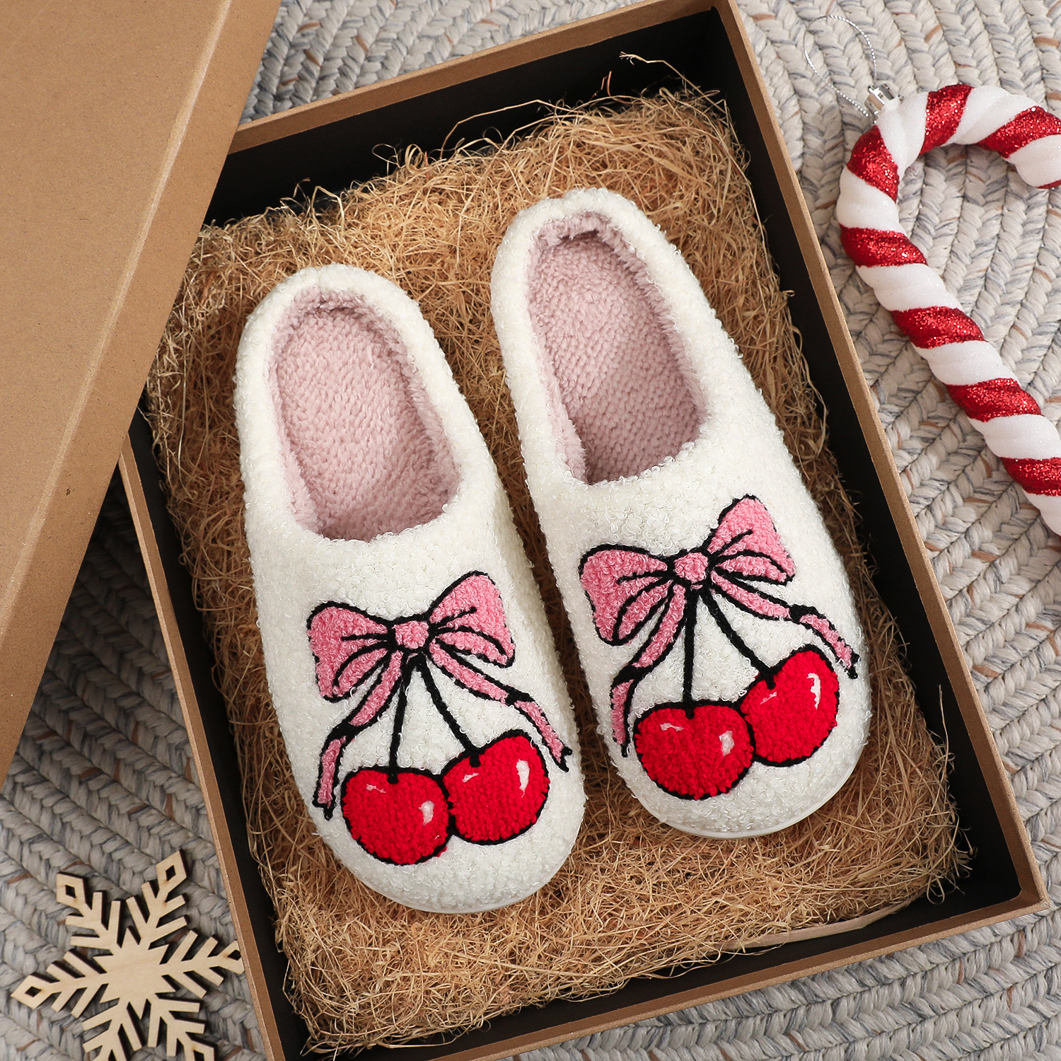 Amazon cute pink bow cherry fruit cotton slippers women home indoor winter plush slippers wholesale