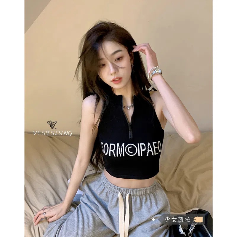 Spice Girls Letter Zipper Black Vest Women's Inner Slim-fit Chic Short Sleeveless Top Outer Wear Trendy Foreign Trade Wholesale