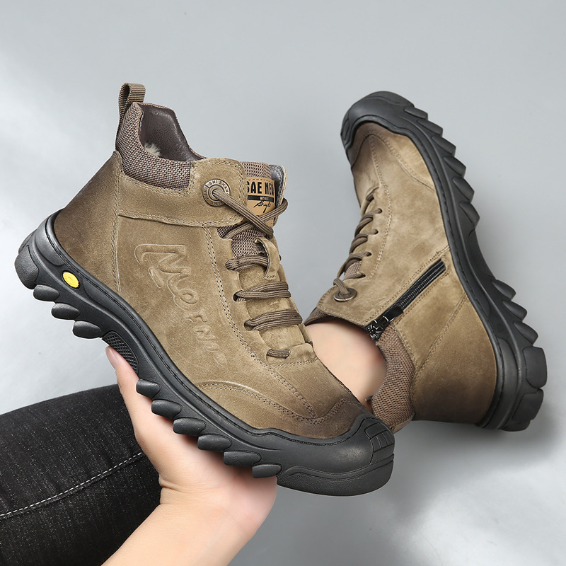 Snow Boots Winter Men's Genuine Leather Fleece-Lined Thickeneded Outdoor Cotton Shoes Men's Northeast Warm Wool All-In-One Men's Shoes
