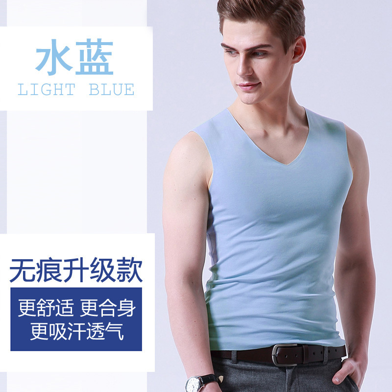 Picture of Men's Ice Silk Seamless Vest White Summer Tight Wide Shoulder V-Neck Sports Sleeveless Base Thin One-Piece Hair