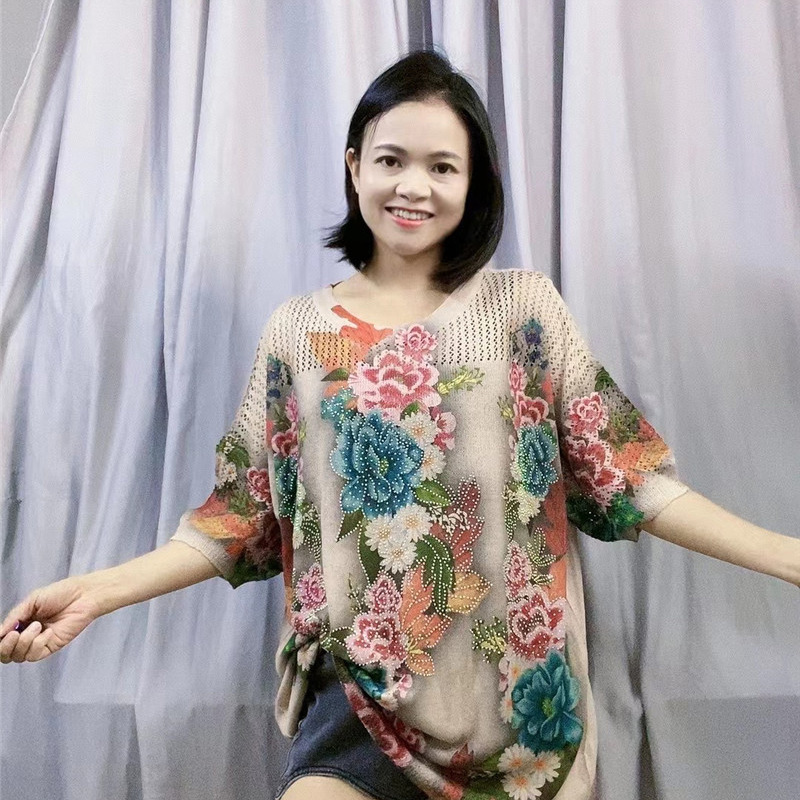 Picture of Tencel Cotton and Linen Hot Drilling T-Shirt Women's 2023 Summer New plus size 3D Mesh Printed Loose Slimming Top