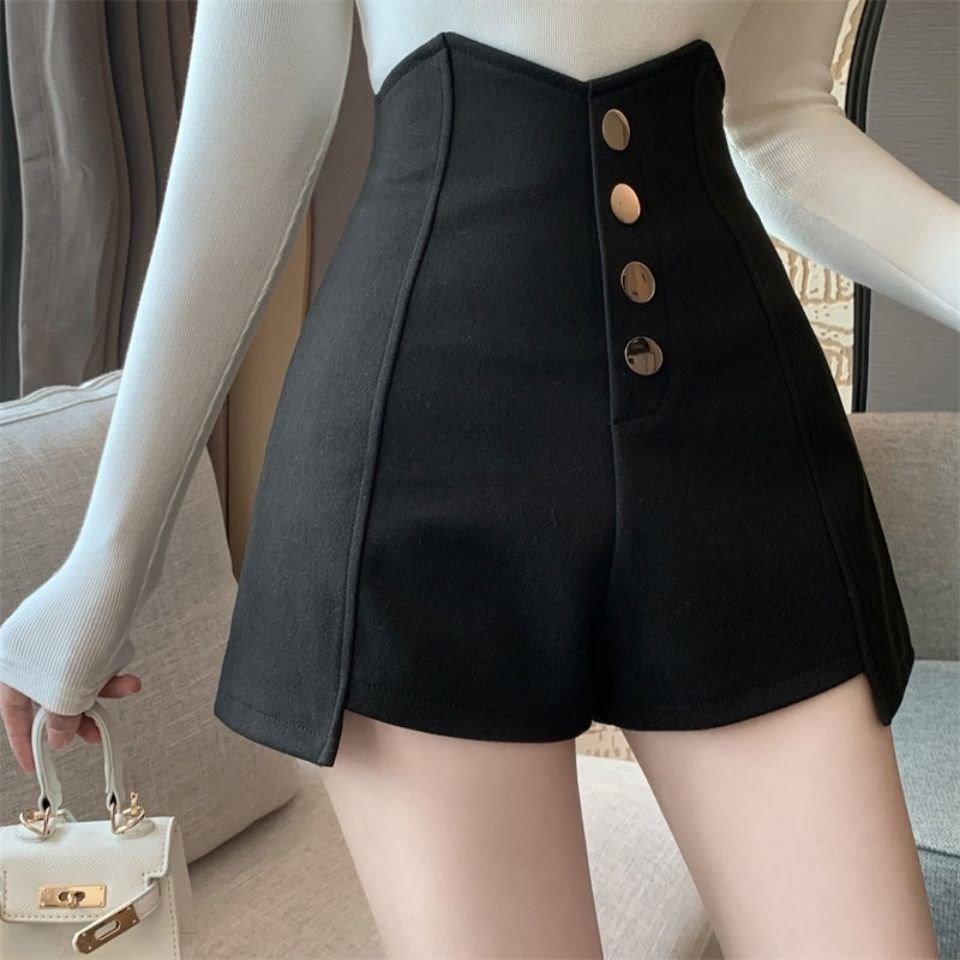 Picture of Black Woolen Wide-Leg Shorts Women's Autumn and Winter Outer Wear Small Slimming All-Match Irregular High Waist A- Shoe Pants
