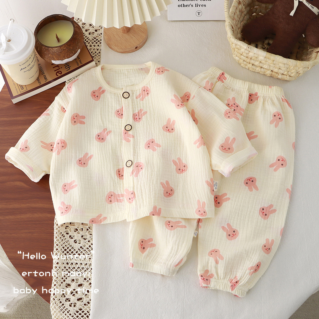 Picture of New Kidsren's Thin Double-Layer Pure Cotton Gauze Pajamas Summer Baby Home Clothes Boys and Girls Long-Sleeved Spring & Fall Suits