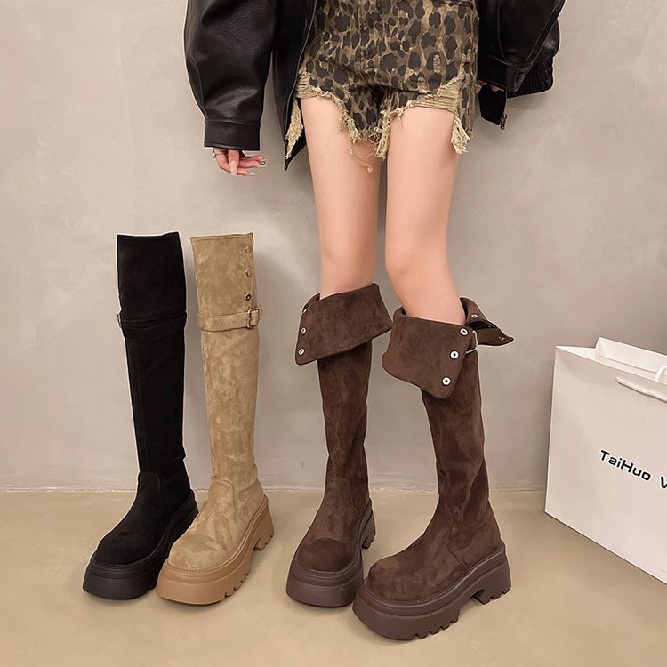 Niche Two-Wearing Knee Boots Women's Autumn and Winter 2024 New Suede Thick Bottom Boots Maillard Slimming High Knights Boots