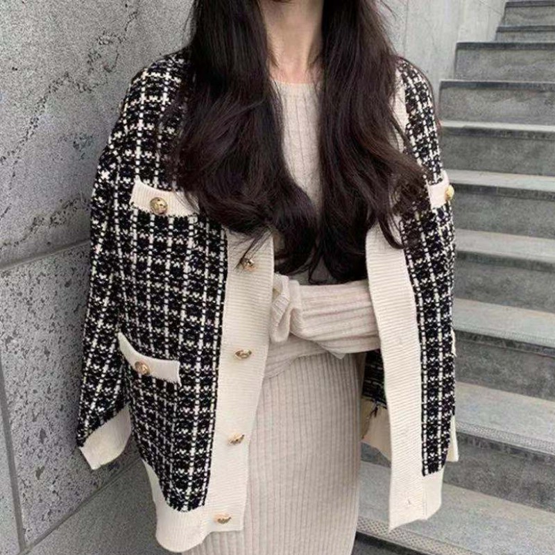 Korean chic All-Match Simple Style Contrast Color Single-Breasted Plaid Sweater Cardigan Long-Sleeved Sweater Coat for Women
