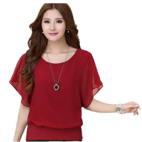 Picture of Foreign Trade Summer New Korean Style Slim-fit Mid-length Short-sleeved Chiffon Top Large Size Loose Base Shirt Women's Small Shirt