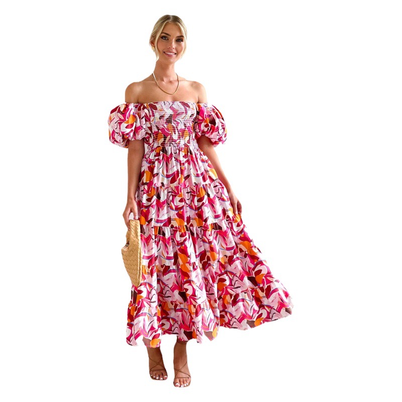 2025 Summer New European and American Puff Sleeve Vacation Slim Long Skirt Hot Girl High Waist One Shoulder Printed Dress Women