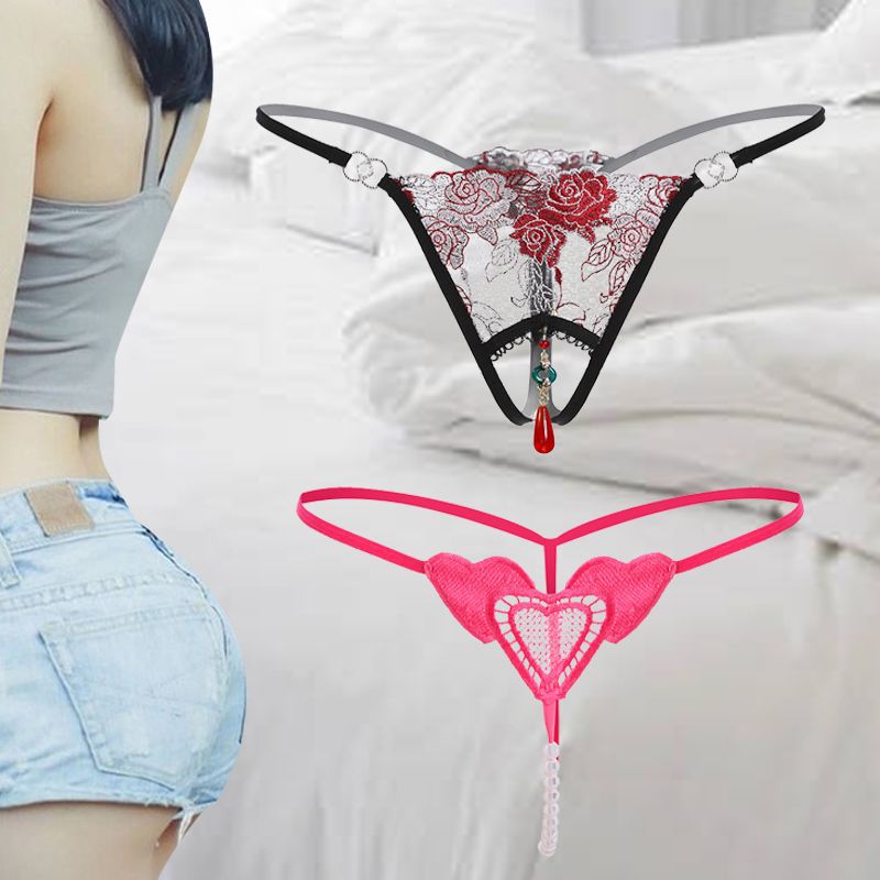 Temptation sexy bright big thong beads sexy open crotch underwear thong antique beads embroidered polyester