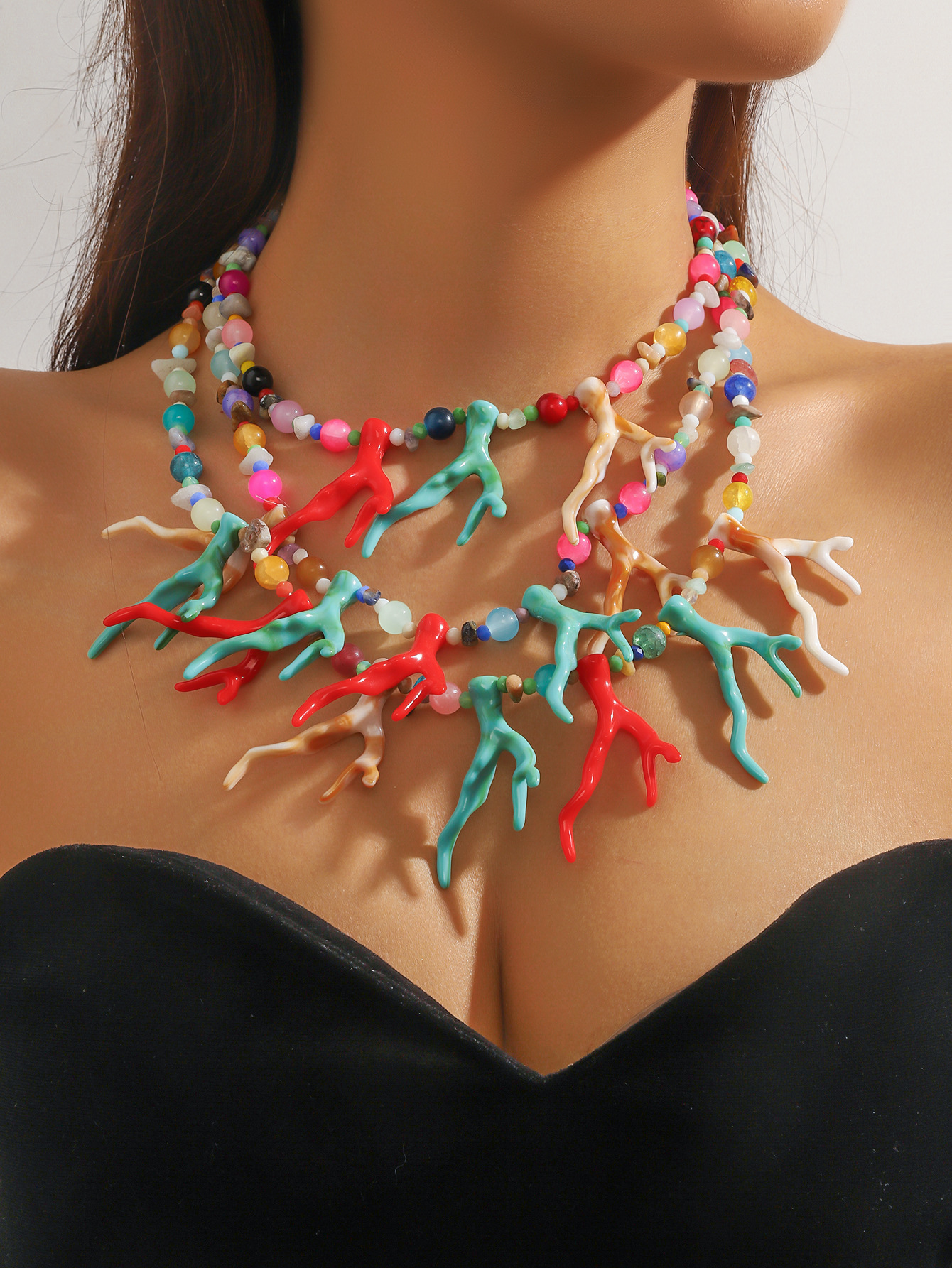 Picture of New European and American Fashion Personality Punk Decorative Necklace Vintage Exaggerated Multi-layer Coral Clavicle Chain